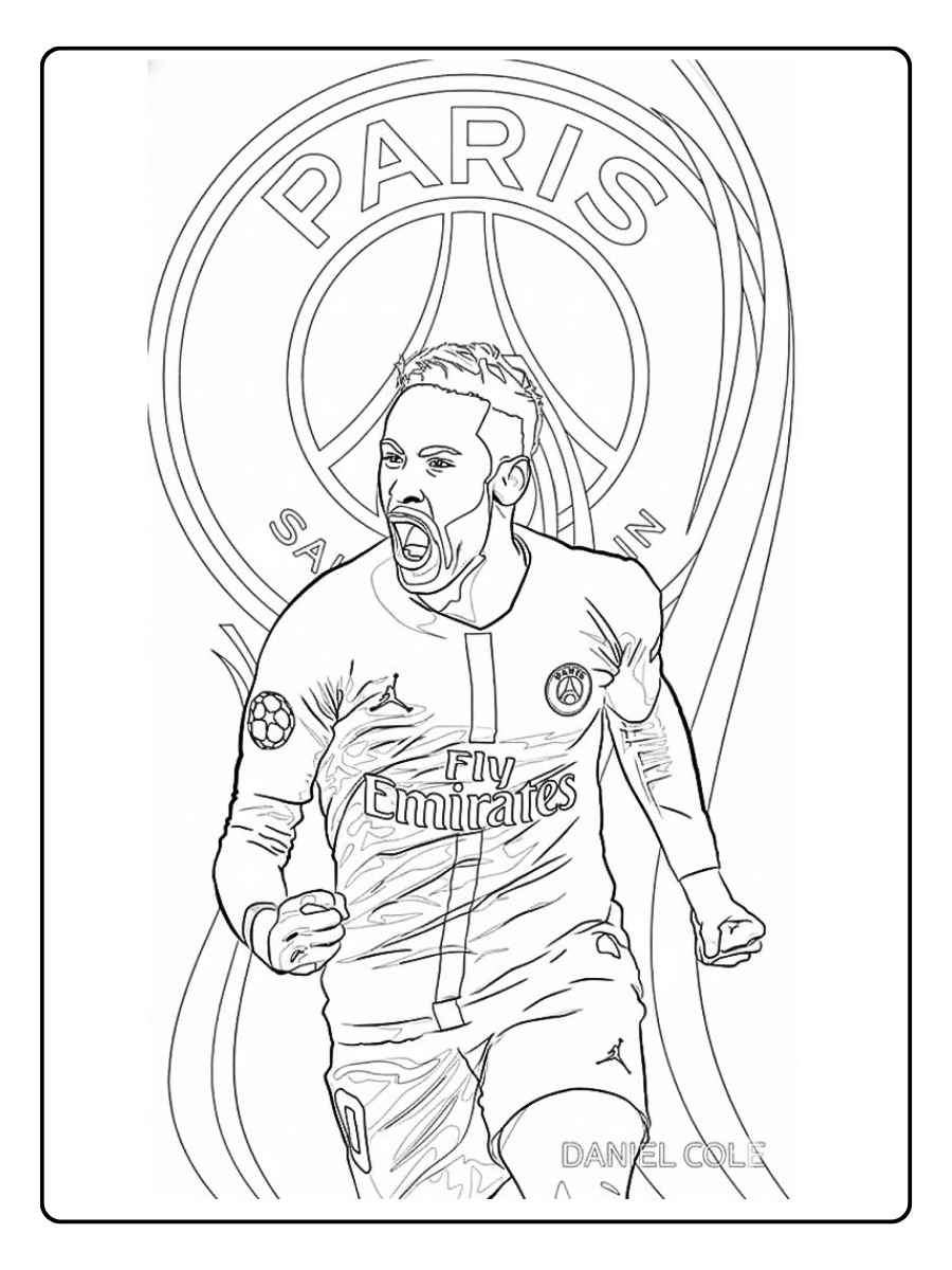 Coloriage Neymar courant avec le logo du PSG en arrière plan