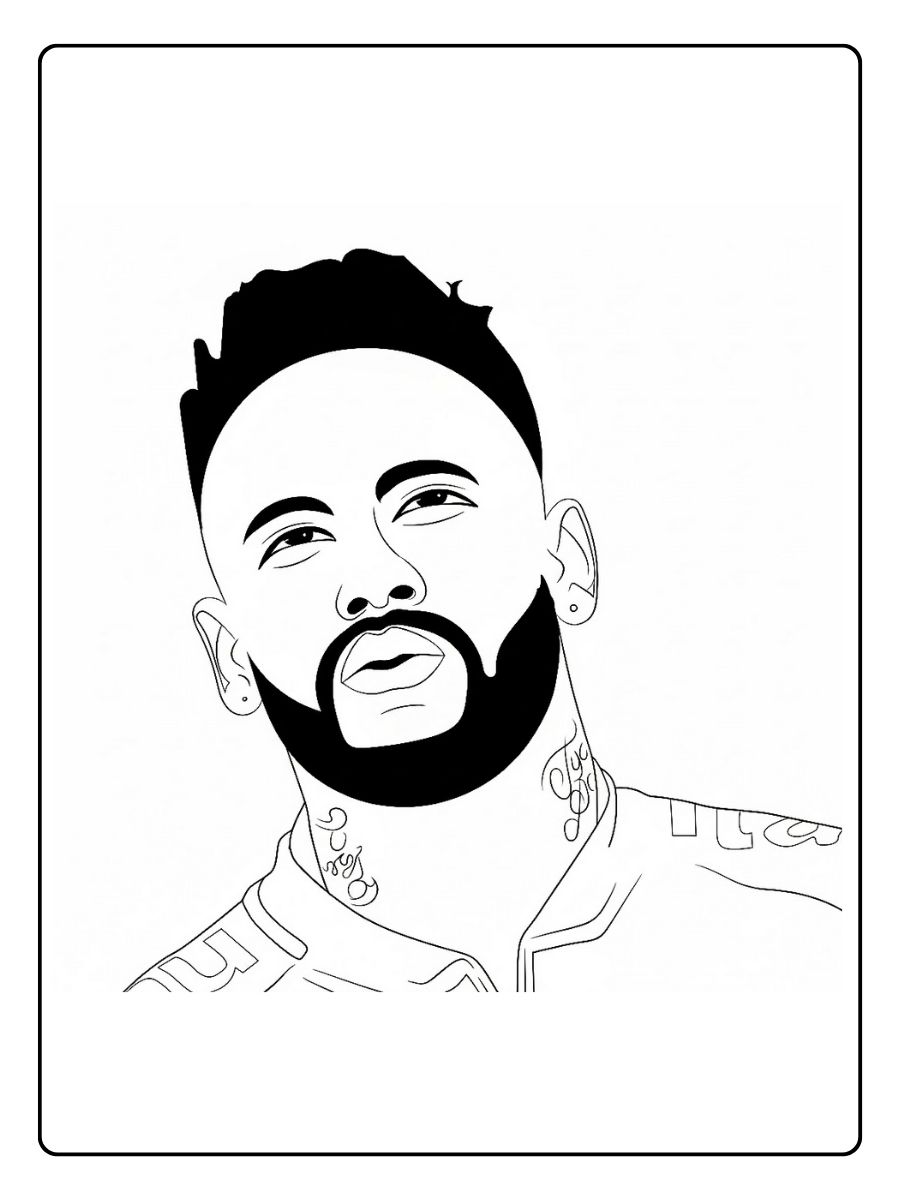 Coloriage Neymar portrait stylisé en noir et blanc avec barbe