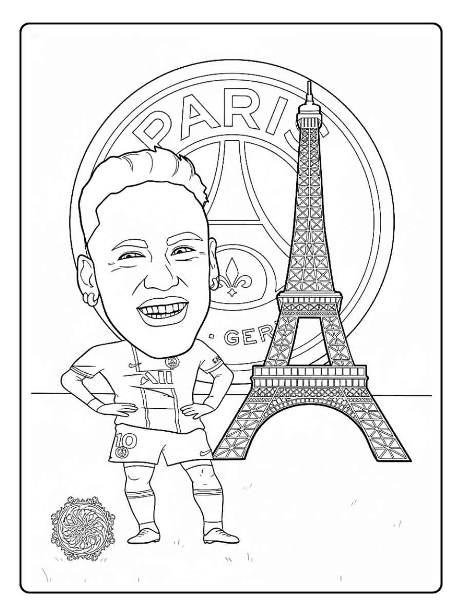 Coloriage Neymar version cartoon devant la Tour Eiffel