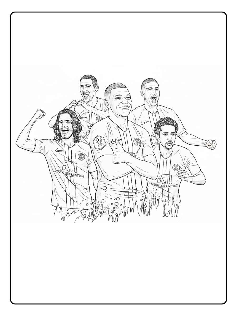 Coloriage PSG équipe du Paris Saint Germain célébrant la victoire