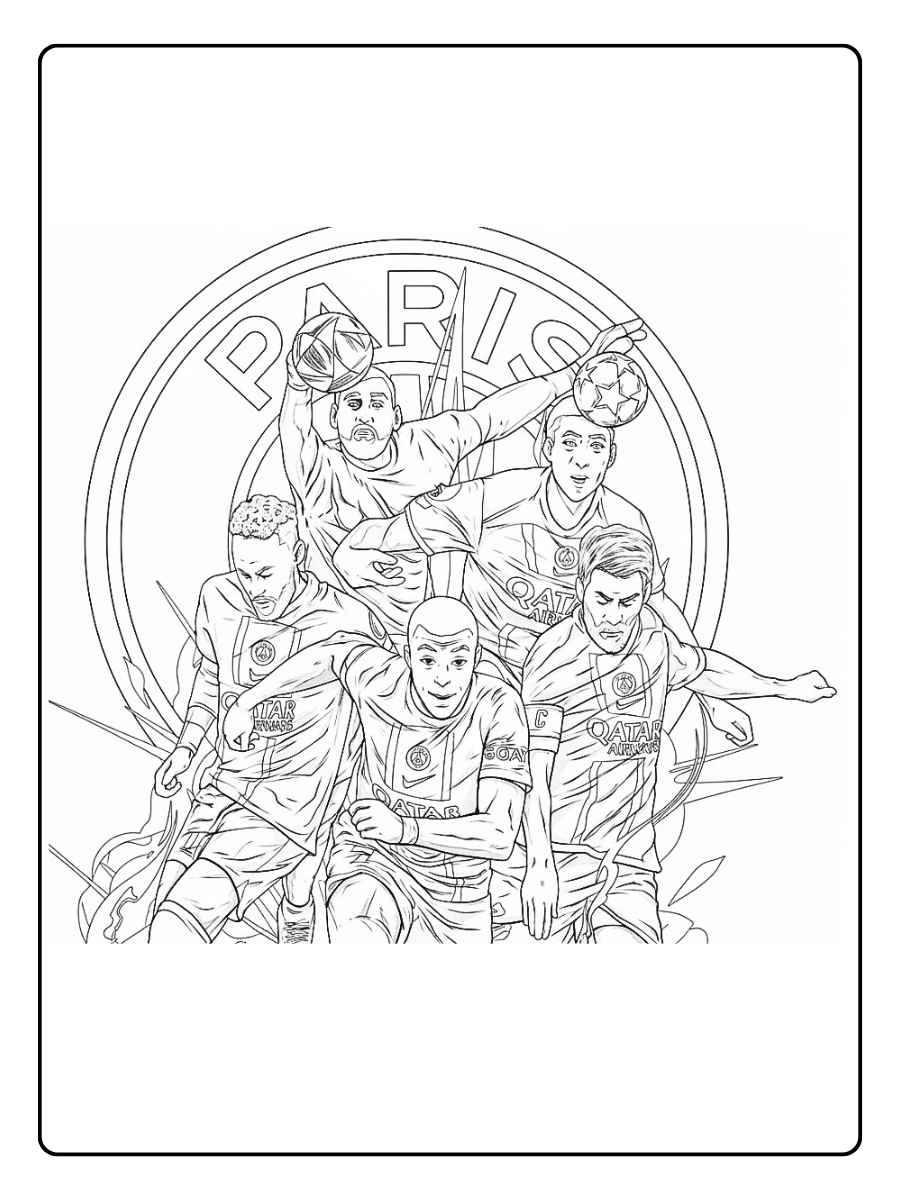 Coloriage PSG logo et joueurs du Paris Saint Germain