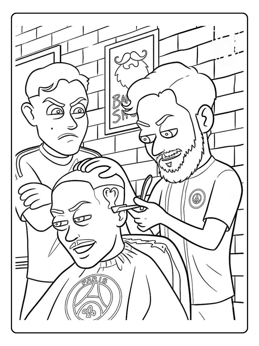 Coloriage PSG scène humoristique avec joueurs du PSG