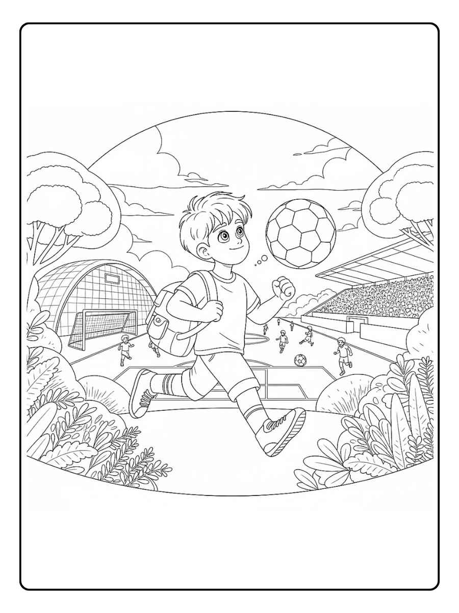 Coloriage de footballeurs enfant jouant au football en plein air