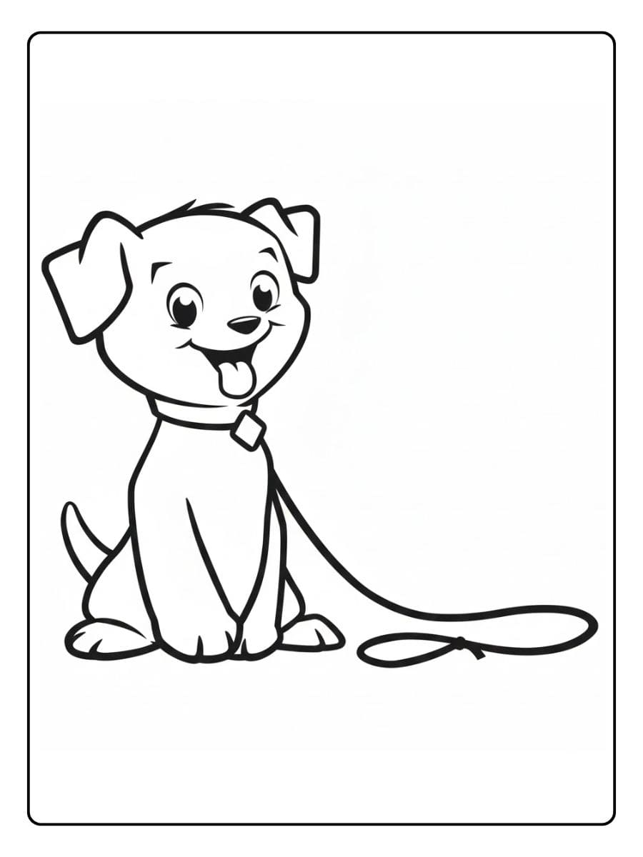 Coloriage d'un chien joyeux avec laisse, style contour simple