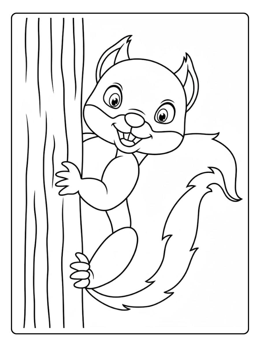 Coloriage écureuil souriant sur un arbre