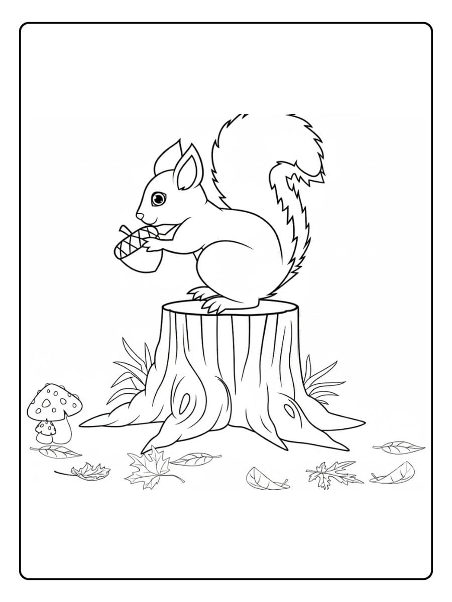 Coloriage écureuil sur souche avec glands et feuilles d'automne