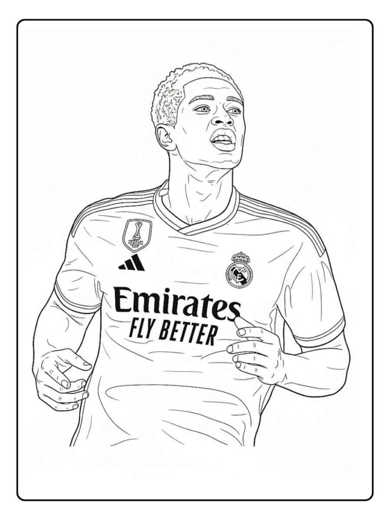Coloriage Gratuit à Imprimer – Dessins à Colorier PDF & PNG 125 Jude Bellingham coloriage demi profil expressif en tenue du Real Madrid
