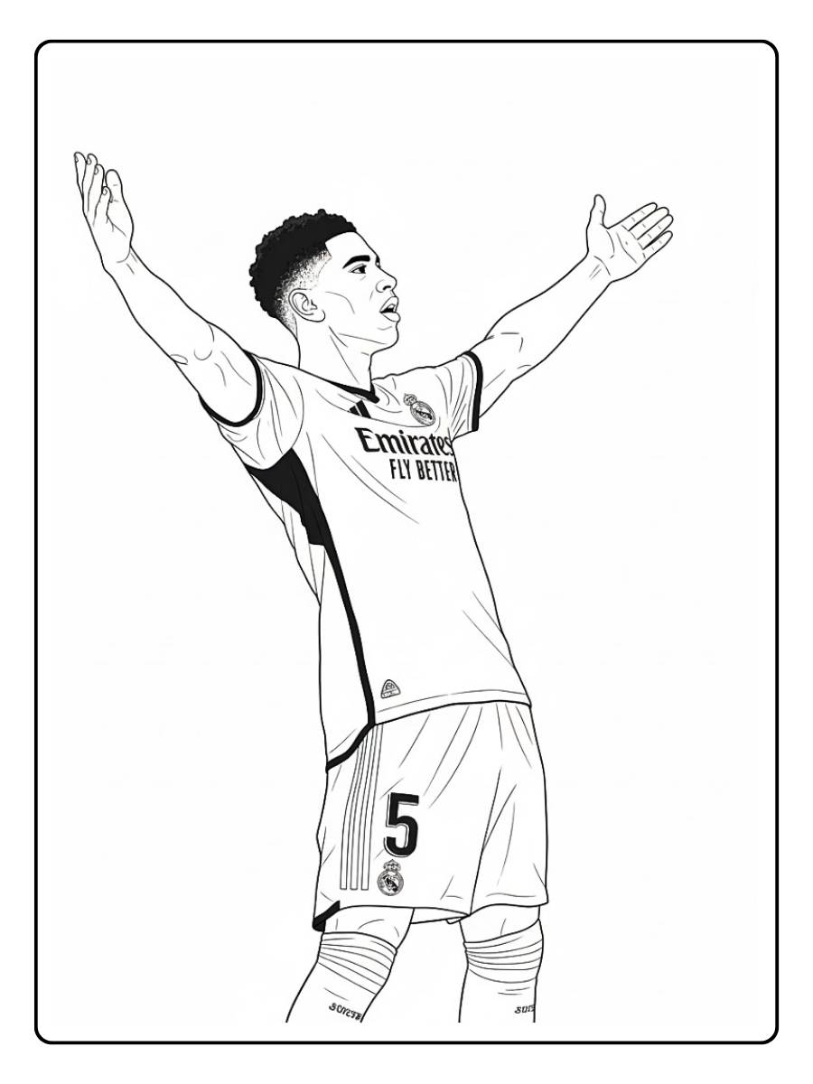 Jude Bellingham coloriage vu de dos numéro 5, geste de victoire