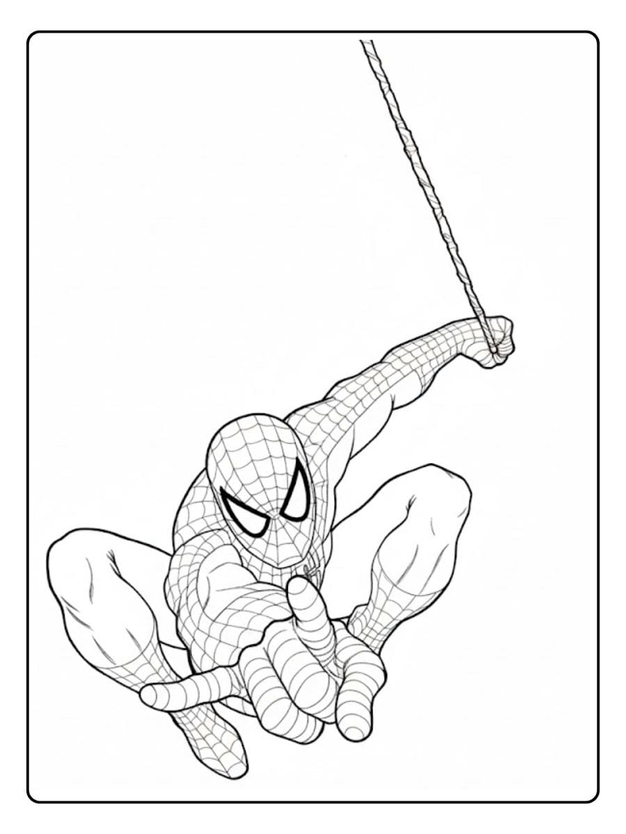 La toile de l'araignée coloriage spiderman, une esquisse simple en noir et blanc