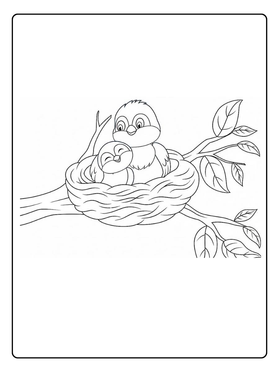 Oiseau coloriage oiseau posé dans son nid avec des feuilles