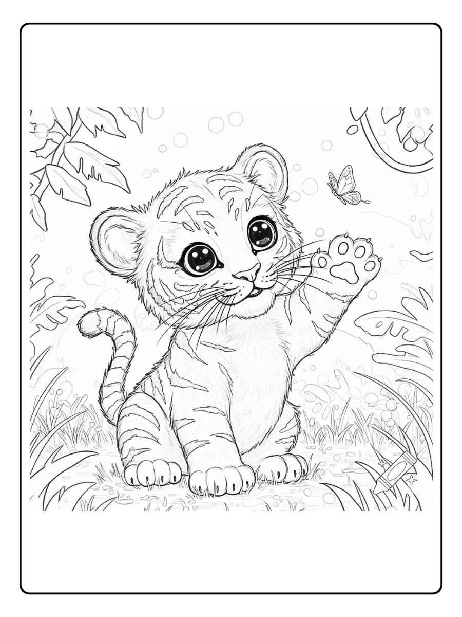 Tigre coloriage bébé tigre mignon jouant dans l’herbe