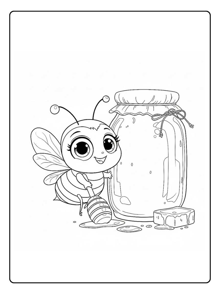 coloriage abeille devant grand pot de miel
