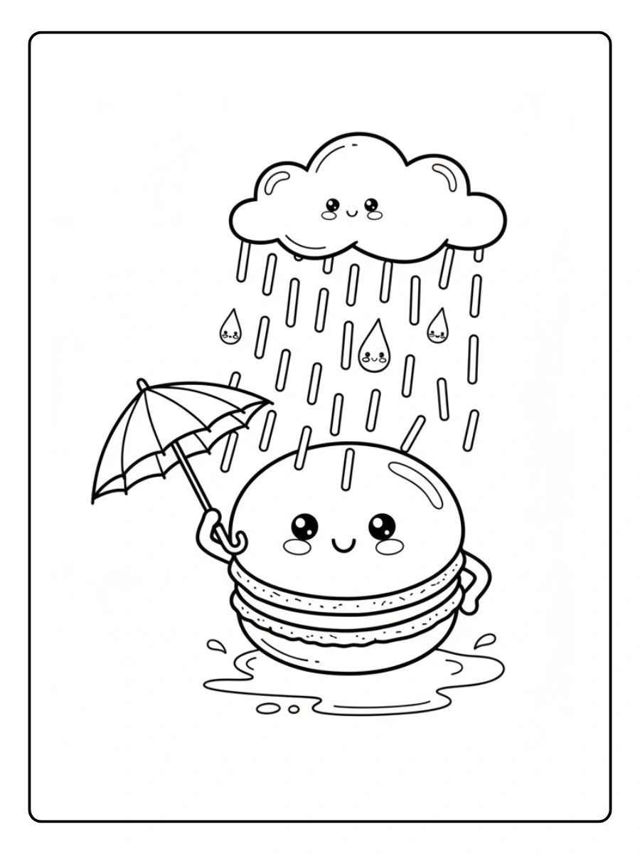 Un macaron tenant un minuscule parasol à cocktail pour rester au sec sous une « bruine »