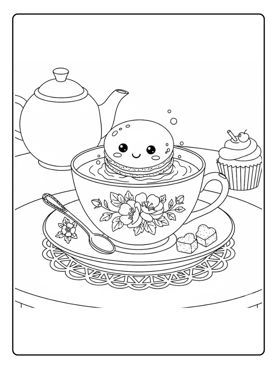 Un minuscule macaron posé dans une tasse à thé à fleurs