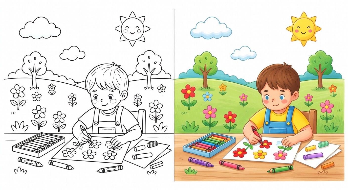 Enfant coloriant proprement avec crayons feutres et pastels