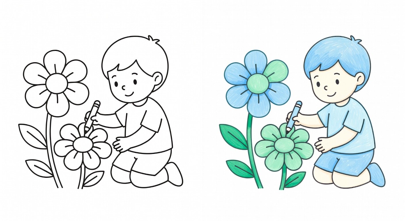 Enfant harmonisant les couleurs coloriage sur une page de fleurs